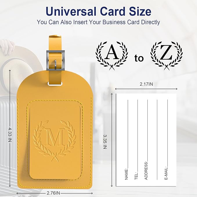 FESAS 3 Pack A-Z Alphabet Luggage Tags - Faux Leather Suitcase Tags with Privacy Cover & Replaceable Card - Initial Letter Monogram for Bags (Yellow)