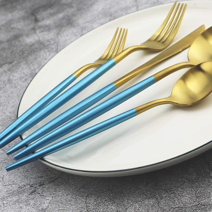 Gugrida 20-Piece 18/10 Stainless Steel Flatware Silverware, Luxury Dinnerware Set Travel Cutlery Tableware Include Knife Fork Spoon Service for 4, Dishwasher Safe (Blue Handle Matte Gold)