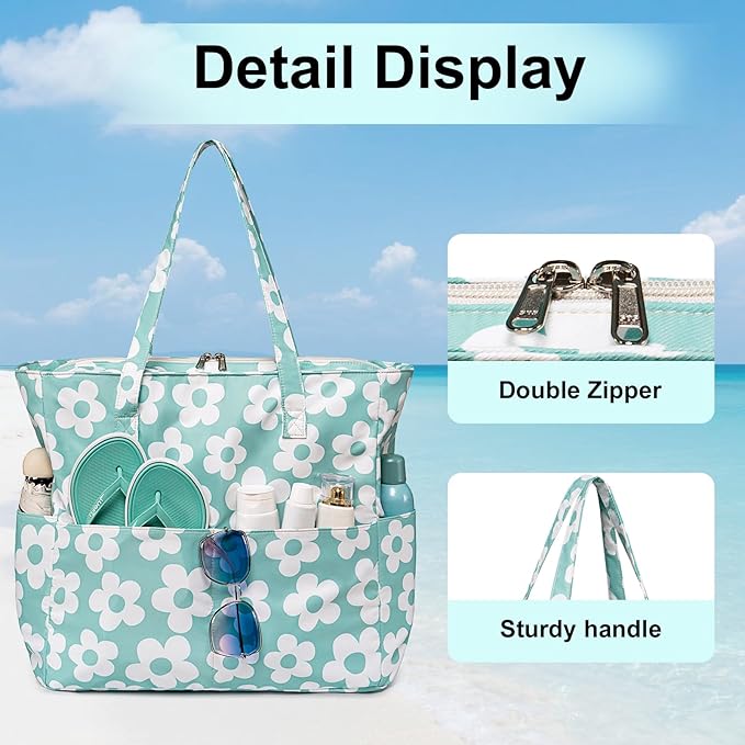 LEDAOU Large Beach Tote Bag Women Waterproof Sandproof Zipper Beach Tote Bag for Pool Gym Grocery Travel with Wet Pocket