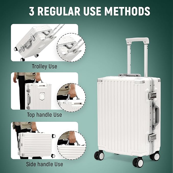 UrbanExplorer 20 Inch Carry On Luggage Aluminum Frame Airline Approved, Zipperless Luggage Carry On TSA Approved ABS+PC Hard Shell Suitcases, Lightweight Carry-On Suitcase with Cup Holder, White