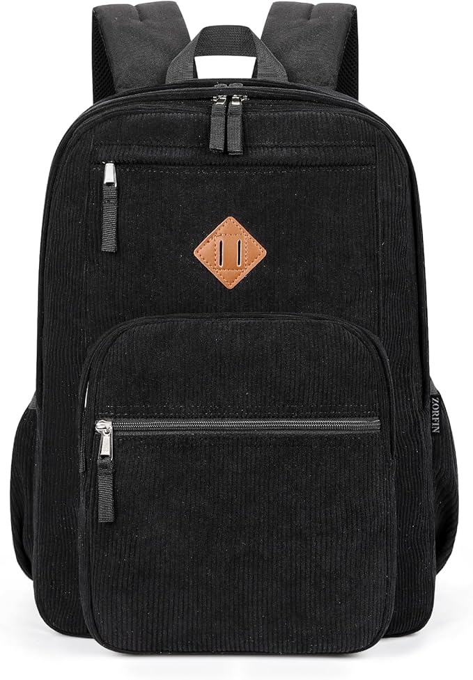 ZORFIN 26L Backpack for College, and Travel: Corduroy Bookbag - Black