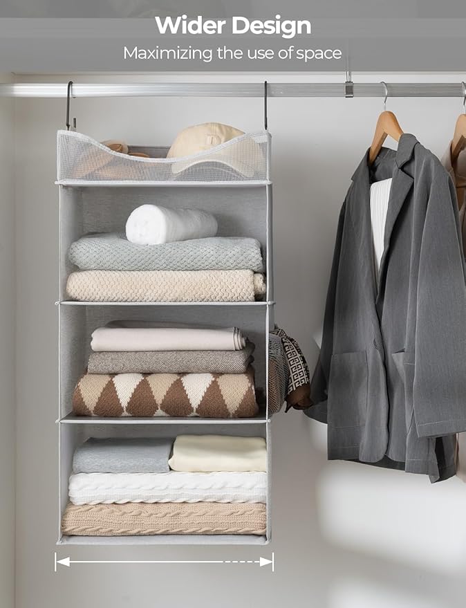 StorageWorks Hanging Closet Organizer, 3-Shelf Hanging Closet Shelves with Top Shelf, 15 ¾"W x 12" D x 31" H, Extra-Large Space, Light Grey
