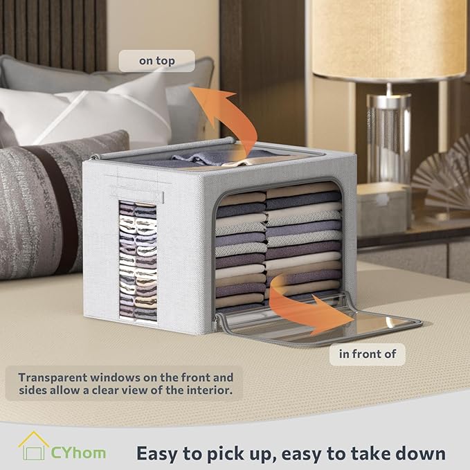 4 Pack Clothes Storage Bins with Metal Frame - Linen Fabric Foldable Stackable Container Organizer Set with Clear Window & Carry Handles & Zippers (Light Grey, 19.7"x15.7"x13")
