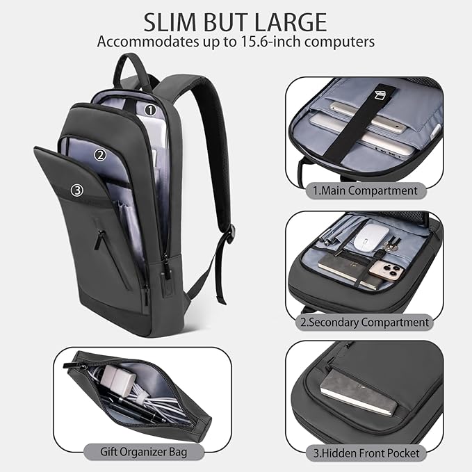 Business Backpack for Men Lightweight Commute Laptop Backpack Anti-Theft Water Resistant Backpack for 15.6 Inch Computer for Daily Office Work with Small Bag (Grey)