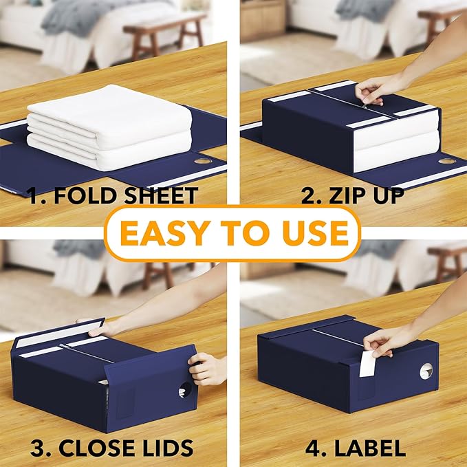 SpaceAid 12 Pack Bed Sheet Organizers and Storage, Foldable Linen Closet Organizer, Set Folder Keeper With Window XL (Queen & King Size) Bedding Container (Navy Blue)