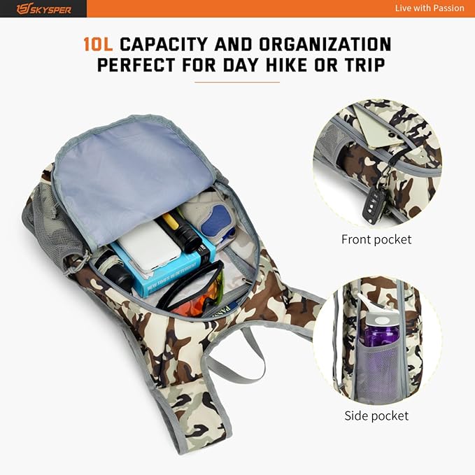 SKYSPER Small Daypack 10L Hiking Backpack Packable Lightweight Travel Day Pack for Women Men