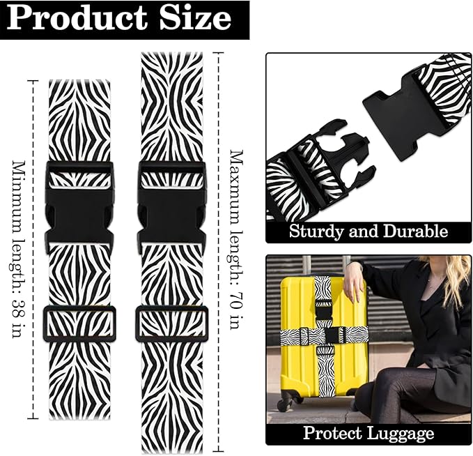 Zebra Luggage Straps for Suitcases TSA Approved, Luggage Identifiers for Suitcase, Adjustable Suitcase Strap for Baggage Security with Cute Patten, Travel Necessary Accessories (2Pack)
