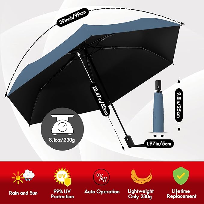 Auto Open Close Umbrella - Ultra Light Compact Travel & Backpack Size for Women and Men, UPF 50+ Eco-Friendly Sun Protection & Windproof Rain Umbrella with UV Defense