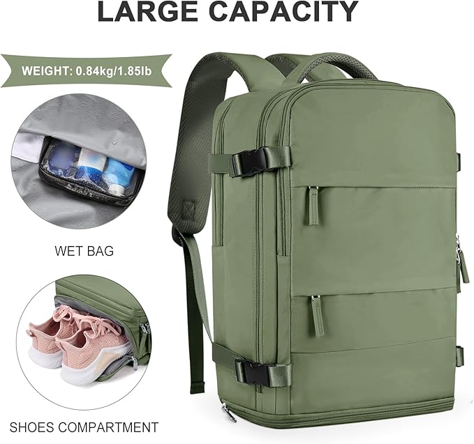 coowoz Large Travel Backpack For Women Men,Carry On Backpack Flight Approved,Hiking Backpacks Waterproof Outdoor Rucksack Casual Daypack Travel Bag Essentials Personal Item Backpack(Gray Green-L)