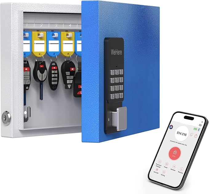 WeHere 16 Key Lock Box Wall Mount, Smart Key Cabinet with Key Tags, Bluetooth App Control, OTP & Password Unlock, Wi-Fi Remote Unlock (Bridge Sold Separately), Steel Key Safe for Office Home Business