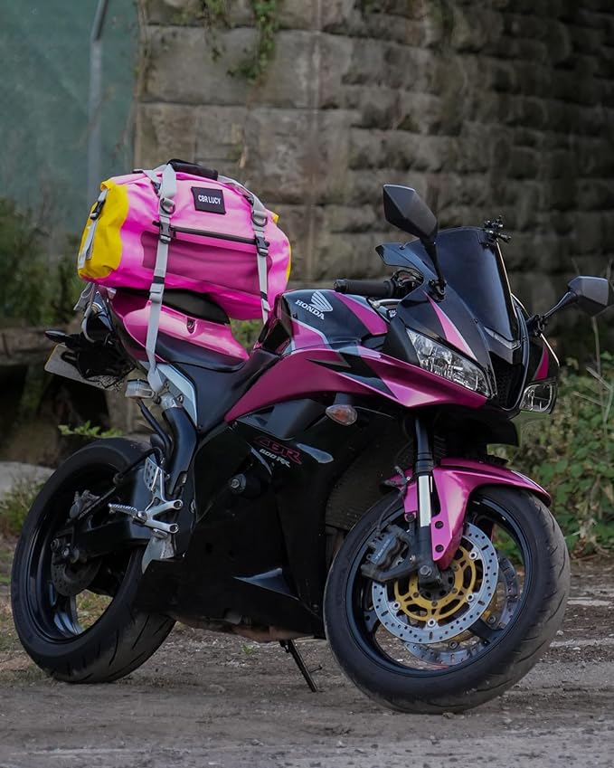 IRON JIA'S Motorcycle Dry Bag - Waterproof Duffle & Luggage Tail Bag Saddle Bags with Roll Top Closure, Shoulder Straps, Inner Pocket and Mesh Pocket (Pink, 30L)