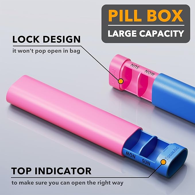 SpaceAid 2 Pack Pill Organizer Box 7 Day, Weekly Travel Pill Case Holder, 2 Times a Day AM PM Daily Pocket Pharmacy Dispenser Container for Pills, Vitamins and Medicine (Blue, Pink)