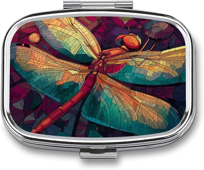 Metal 2 Compartment Pill Organizer Travel Friendly Portable Compact Pill Box Cute Pill Case,for Pocket Wallets Daily Portable Medicine Vitamin Tablet Storage (Dragonfly)