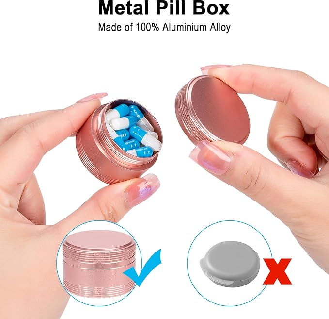 Small Metal Pill Box Pill Container - Waterproof Travel Pill Case for Purse Pocket, Portable Single Round Medecine Organizer Daily Vitamin Medication Pill Holder Pink