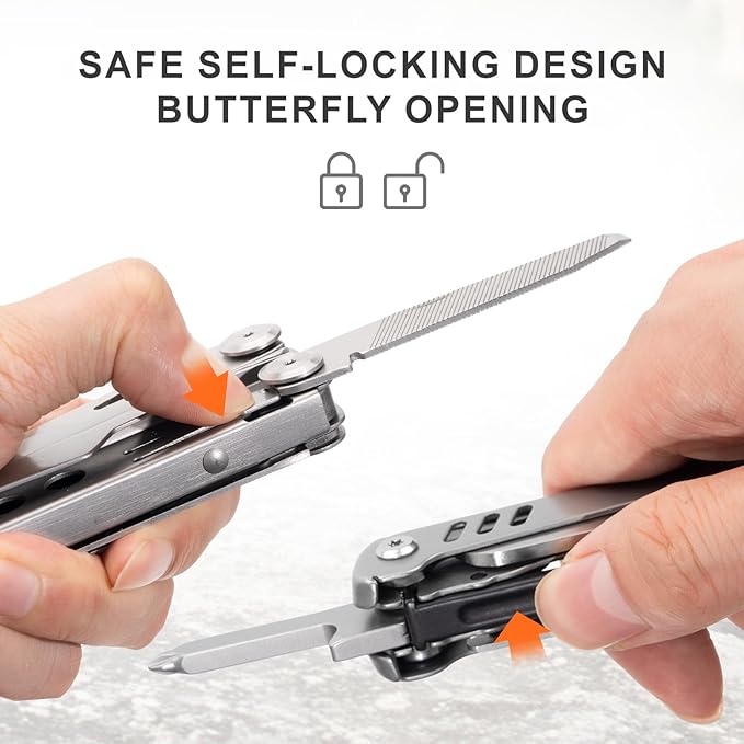 Multitool Stainless Steel Multi-Tool Pliers 13-in-1 with Sheath, Safe Locking, Carabiner, Professional Pocket Tools for Fishing & Camping