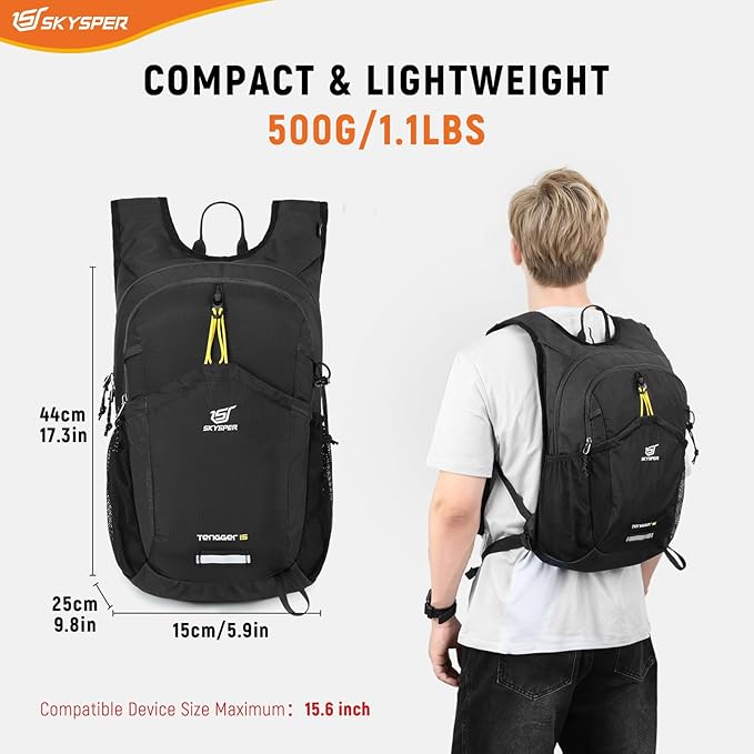 SKYSPER Hiking Backpack 15L Lightweight Walking Daypack for Camping Travelling Daytrip Small Trail Bagpack for Men Women