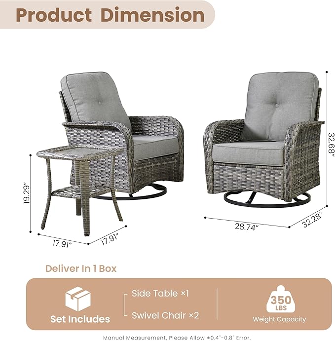 HOOOWOOO Patio Furniture Set,3 Pieces Outdoor Conversation Set,All Weather Wicker High Back Swivel Chairs Bistro Set with Side Table,Dark Gray