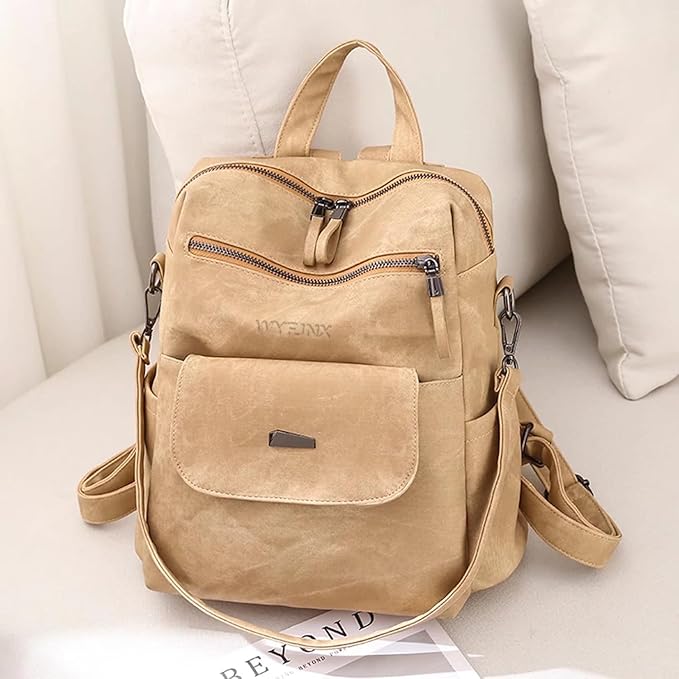 PU Leather Backpack Purse for Women Fashion Multipurpose Design Handbag Ladies Shoulder Bags Travel Backpack Khaki