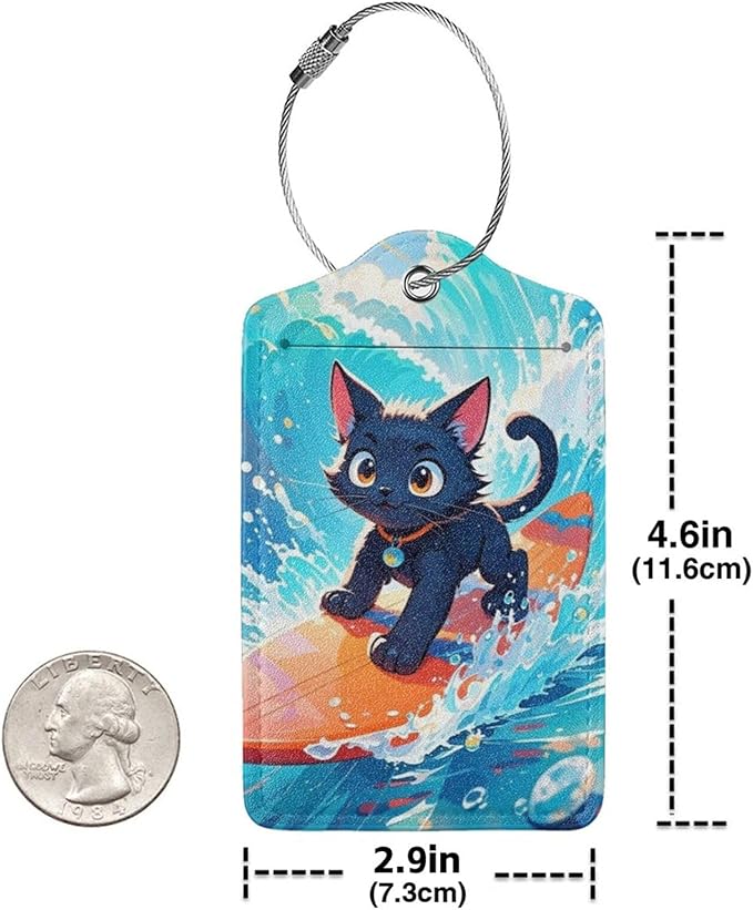 Fun Luggage Tags for Suitcases Leather Name Tag for Luggage Cute Travel Baggage Tags for Carnival Cruise Ships with Funny Patter 2pcs (Surf Cat)