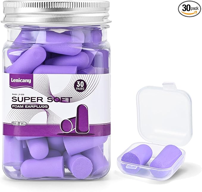 30Pair Soft Foam EarPlugs, 32dB Disposable Sound Blocking Noise Cancelling Ear Plugs for Concerts Loud Music/Shooting Guns/Work Construction, Hearing Safety Protection(Purple)