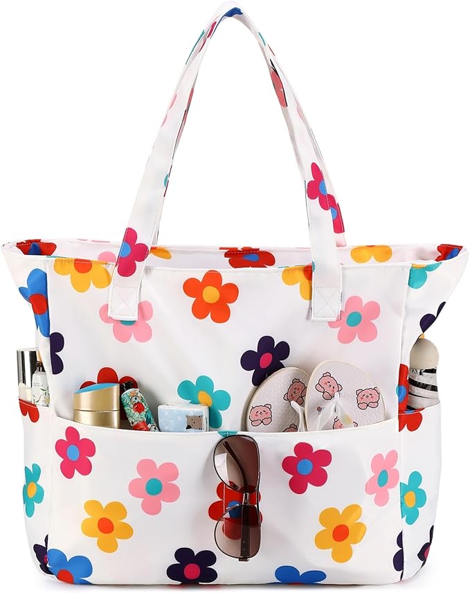 CAMTOP Waterproof Beach Tote Bag for Women Girls with Zipper Foldable Sandproof Pool Swim Bag Travel Carry On Gym