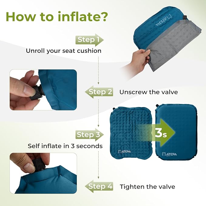 ATEPA Inflatable Stadium Seat Cushion, Self-Inflating Memory Foam Stadium Seats Bleacher Seat Chair Cushion Pad for Airplane Travel Backpacking Sports Events