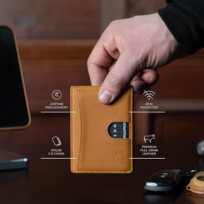 Kings Loot Money Clip Slim Minimalist Wallet for Men | RFID Blocking Leather Design with Money Clip | Front Pocket Bifold Holds 12 Cards | Stylish & Compact Wallets (Buckskin)