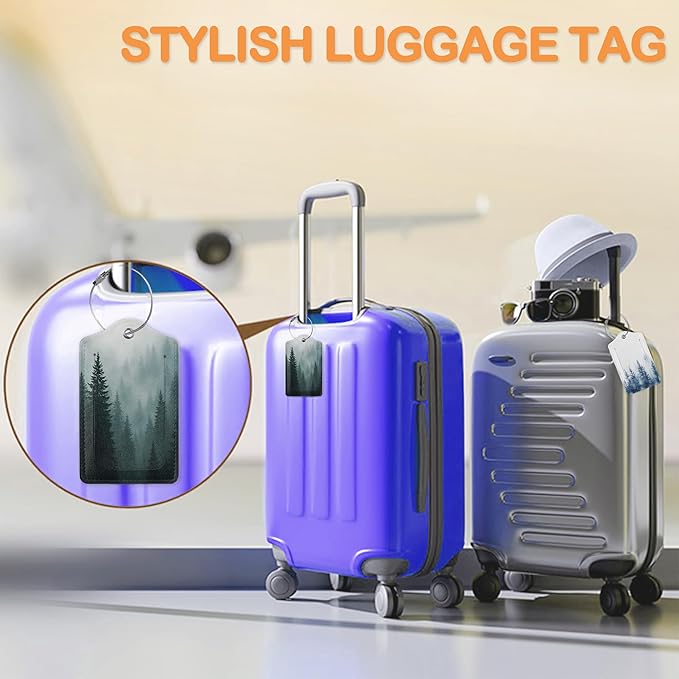 Watercolor Misty Forest PU Leather Luggage Tags for Suitcase, Travel Cruise 3 Pack with Privacy Flap, Name ID Label and Metal Loop for Women Men Girls Baggage Bag Backpack