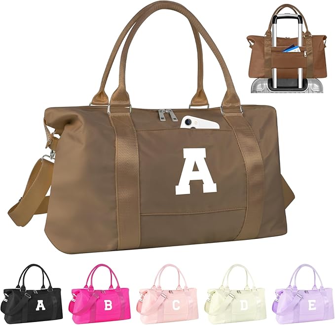 Birthday Graduation Gifts for Daughter,Initial Travel Duffel Bag Sports Gym Bag for Girls Teen Kids Birthday Gifts,Personalized Weekender Bag Carry On Tote Bags Cute Overnight Bag for Women(Brown, A)
