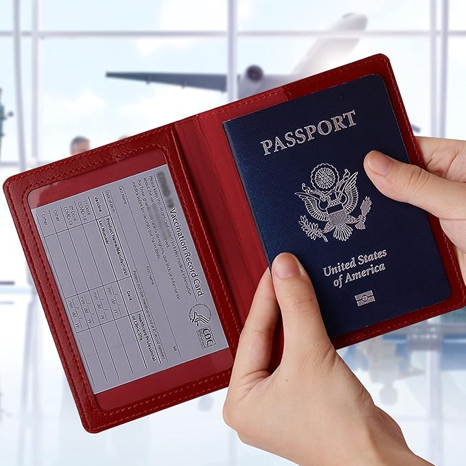 TIGARI Passport Holder for Travel Women Men, PU Leather Passport Wallet Cover Case Sleeve, Waterproof Protected Document Organizer, Family Vacation Plane Cruise Travel Essentials-Red