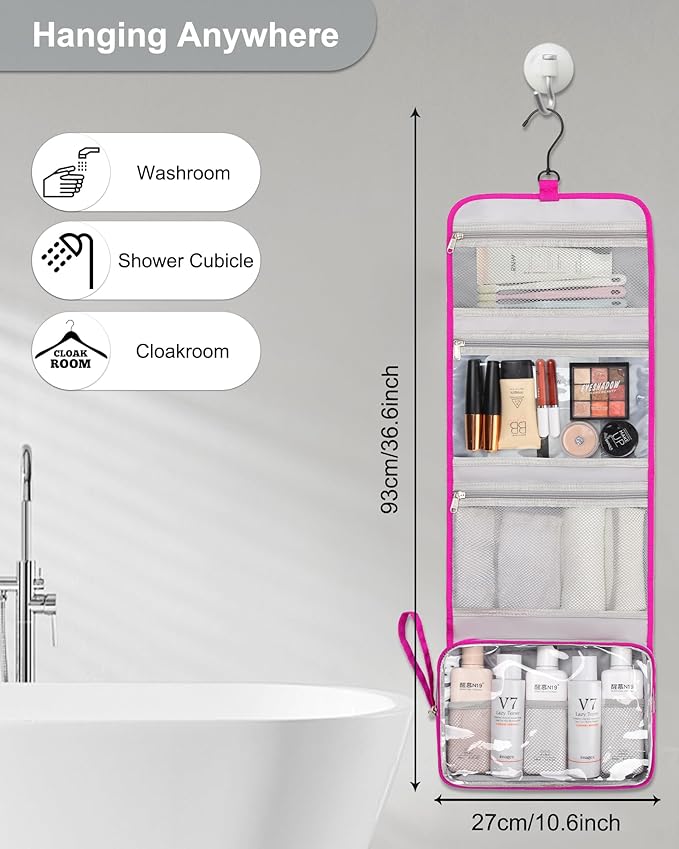 Relavel HangingTravel Toiletry Bag for Women, Large Capacity Toiletries Bag, Travel Essentials Organizer, Hanging Makeup Case for Accessories, Waterproof Bathroom Shower Bag (hot pink)