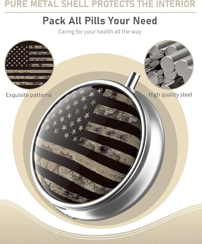 Pill Box, 3 Compartment Portable Travel Medicine Box with Mirror, Compact and Cute, Fits in Purse and Pocket, Medicine and Vitamin Organizer (American Flag)