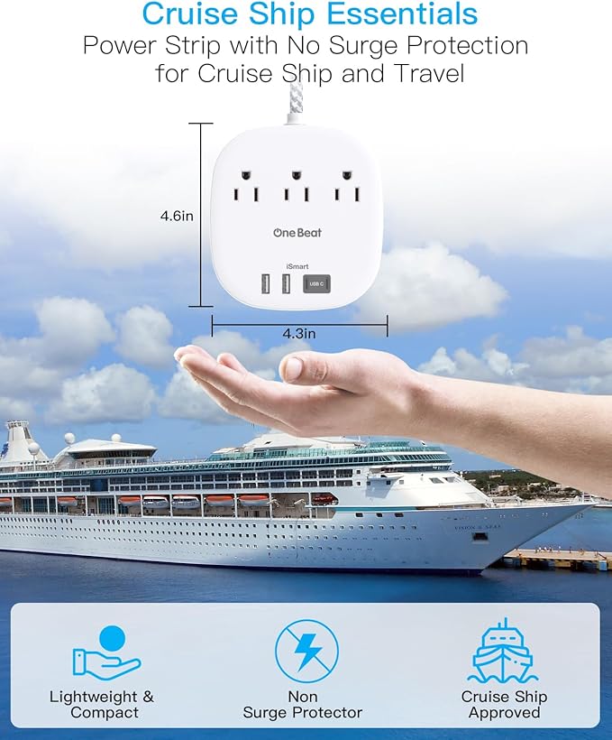 Cruise Essentials 2025,One Beat Travel Power Strip with 3 Outlets 4 USB Ports 3.1A,Short Extension Cord 1ft Desktop Charging Station for Travel Home Office,Cruise Ship Essentials,ETL Listed