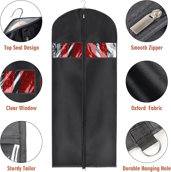 Univivi Garment Bag 60inch Lightweight Suit Bags for Closet Storage, Hanging Clothes Cover 3 Pack with Zipper and Eye-Hole Carry Handles for Folding for Tuxedos Coats Dresses, Black