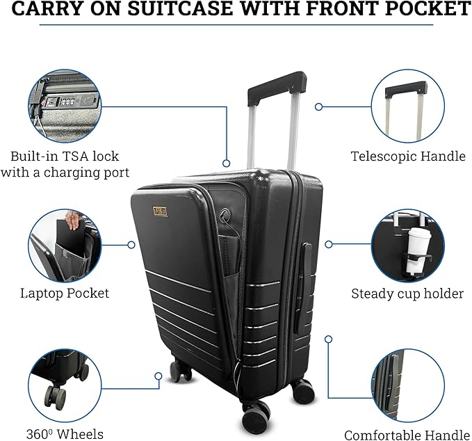 20-Inch Hardside Carry-On Luggage with Spinner Wheels – Airline Approved 22x14x9 Travel Suitcase with USB Port, Front Laptop Pocket & TSA Lock (Blue-Grey)