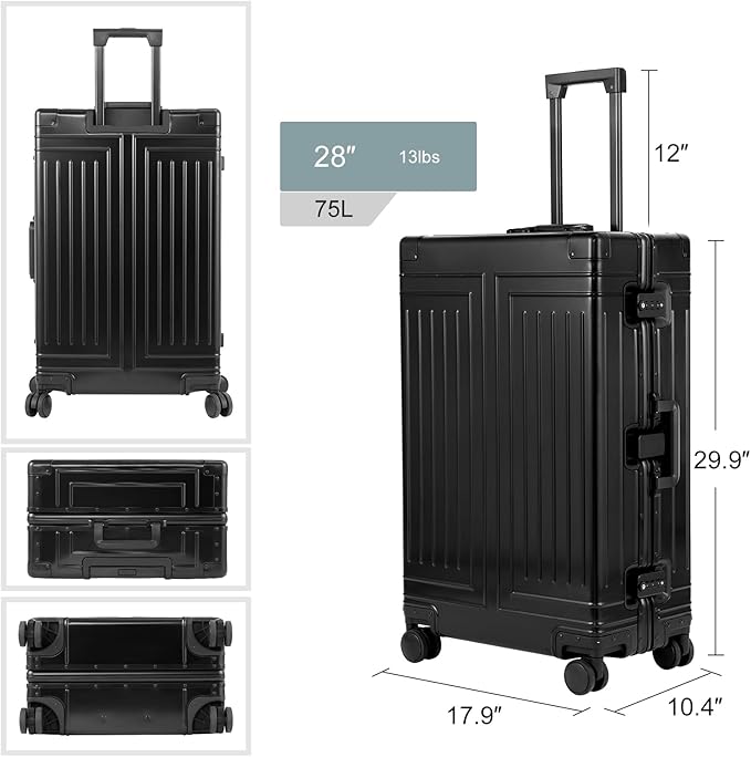 All Aluminum Magnesium 20/28 Luggage set ，Cut from Whole Aluminum Sheet，22x14x9 Airline Approved ，（3rd Generation，Premium Magnesium Metal zipperless suitcase ） (black, 20+28inch)