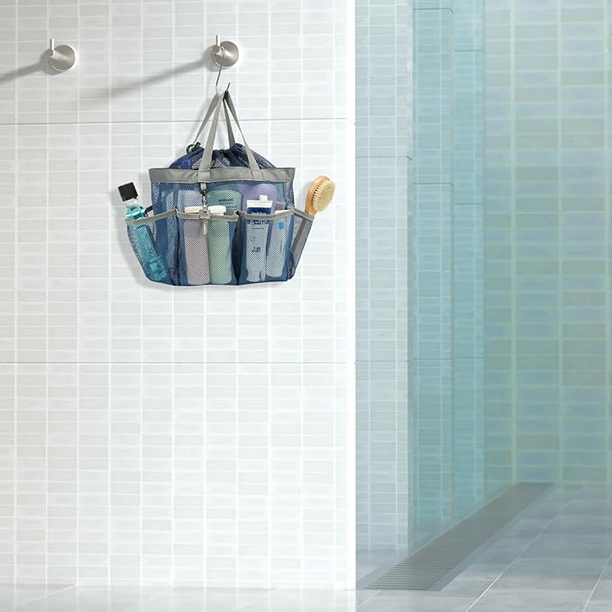 F-color Mesh Shower Caddy Portable with Drawstring - Upgrade Deeper 7 Pockets Dorm Room Essentials for Guys Girls with S Hook, Shower Bag Basket Tote for College Camping Toiletry Bathroom, Blue