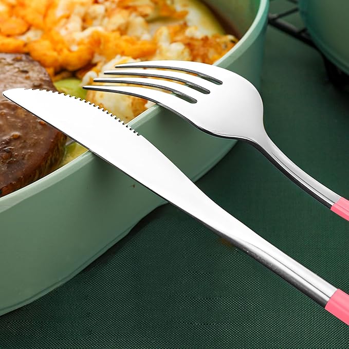 VANRA 3-Piece Portable Travel Utensils Set with Case 18/8 Stainless Steel Flatware Set Reusable Cutlery Set with Fork Spoon Knife for Lunch Travel Camping School Work Picnic (Pink)