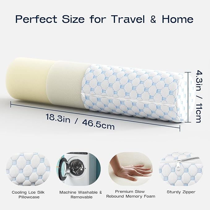 Neck Roll Pillow, Memory Foam Neck Support Pillows, Round Neck Pillows, Cylinder Bolster Pillows for Bed, Couch, and Yoga, Removable Washable Cover,18 * 4.3 * 4.3inch (Cool-Blue)