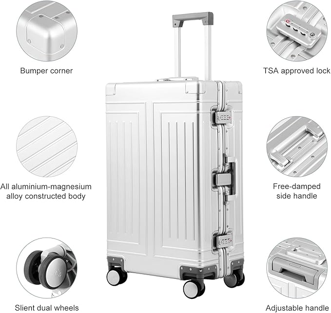 All Aluminum Carry On Luggage，Cut from Whole Aluminum Sheet，22x14x9 Airline Approved ，（3rd Generation，Premium Metal zipperless suitcase ） (silvery, 26inch)