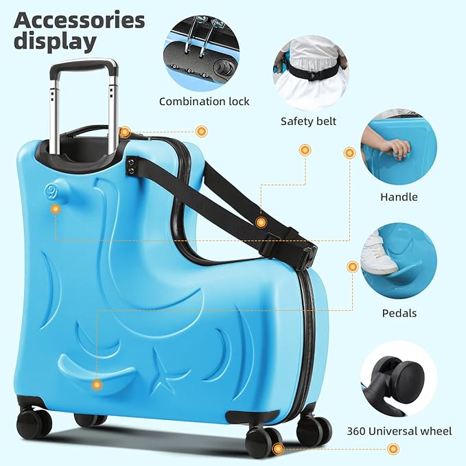 Kids Ride-On Suitcase, Hardside Rolling Luggage with 4 Spinner Wheels, Seat & Safety Belt, Toddler Carry-On for Boys & Girls Ages 2-6, Blue
