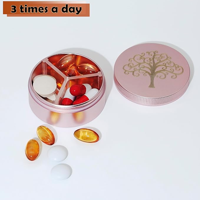 Small Pill Case 3 Compartments, Metal Round Portable Pill Box, Waterproof Travel Pill Organizer, Pocket Purse Medicine Vitamin Holder EDC Container (Rose Gold with Life Tree)