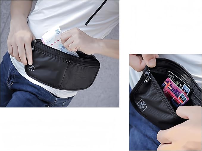 Travel Passport Holder 【1 PACK】2 in 1 Slim RFID Blocking Travel Money Belt for Men & Women, Hidden Neck Wallet for Credit Cards, Documents & Cash, Fanny Pack, MA-MO (Black)
