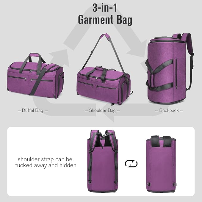 Bukere Carry on Garment Duffle Bag for Travel, Convertible Suit Bag with Backpack Shoulder Straps, Shoe Compartment, Waterproof 3 in 1 Weekender Suit Bag for Men Women