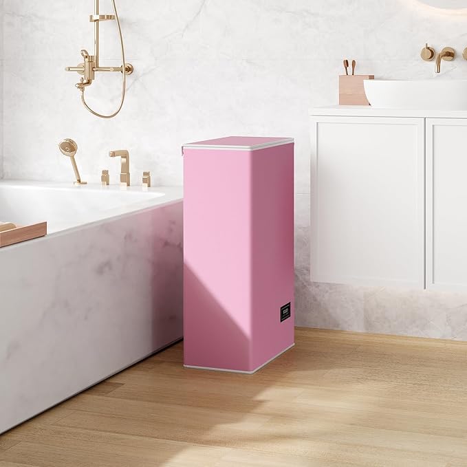 SOLEDI Slim Laundry Hamper with Lid, Narrow Laundry Basket with Removable Bags, Dirty Clothes Hamper with handle, Small Hamper perfect for Laundry room, Bathroom, Bedroom, Small spaces. 70L Pink