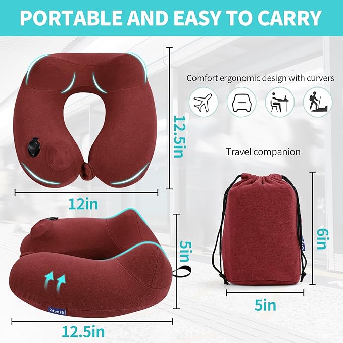 Inflatable Travel Neck Pillow for Airplane, Head Support Velvet Adult Neck Pillow for Long Flight, Kit with Eye Mask, Earplugs and Storage Bag,1, Red