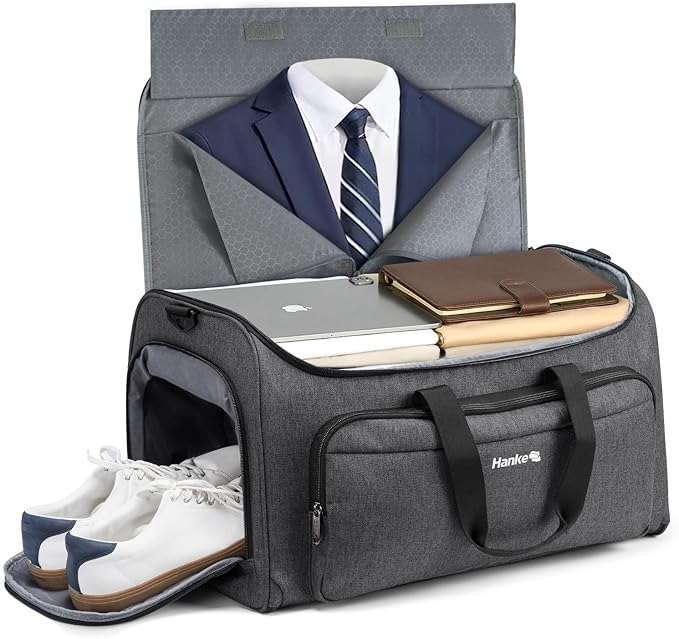 Hanke Carry on Garment Bags for Travel,Convertible Duffle Bag Luggage Bag Weekend Bag with Shoe Compartment,2 in 1 Hanging Suitcase Suit Bag for Men Women,Dark Grey