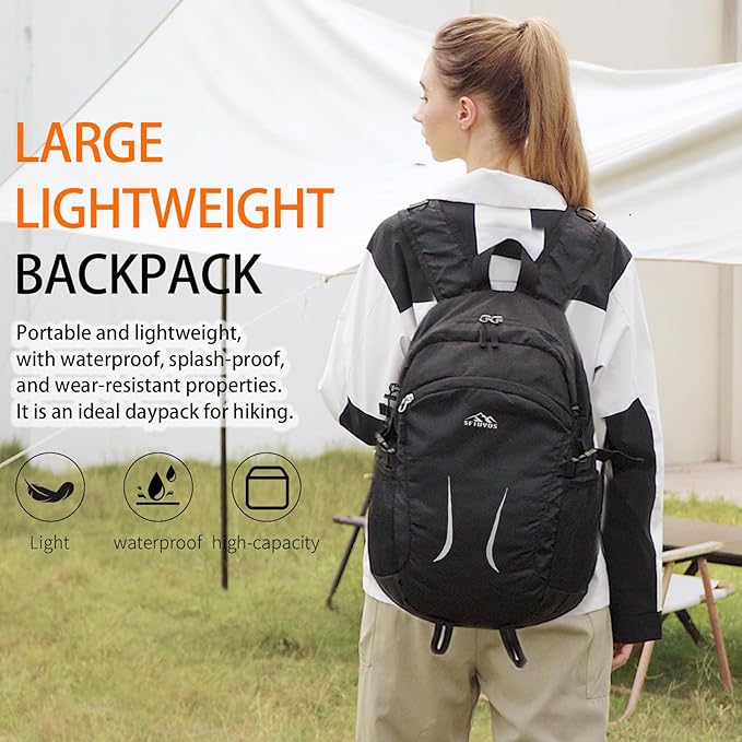 Large Hiking Daypack,30L Water Resistant Hiking Backpack Packable Lightweight Travel Day Pack for Women Men (Black, Large)