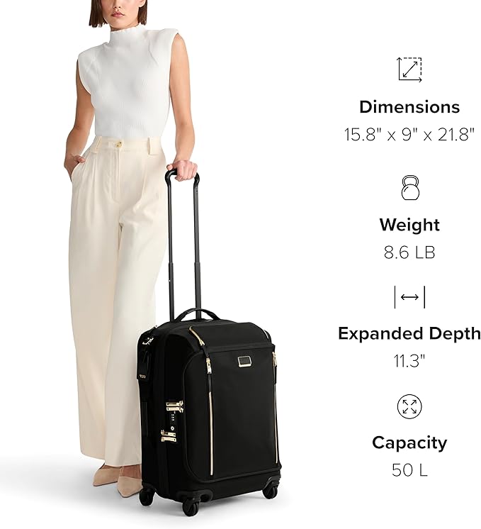 TUMI - Voyageur Leger 4 Wheeled Luggage - Women's Lightweight and Spacious, Sleek Silhouette, Durable Premium Suitcase - 21.8" Continental Expandable Carry-On, Black with Gold Hardware