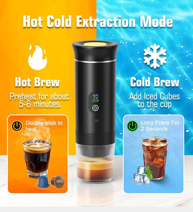 Portable Electric Coffee Maker, Digital Display, Compatible with Coffee Pods,Rechargeable Coffee Machine for Travel, Camping, RV,Home,Office (green)